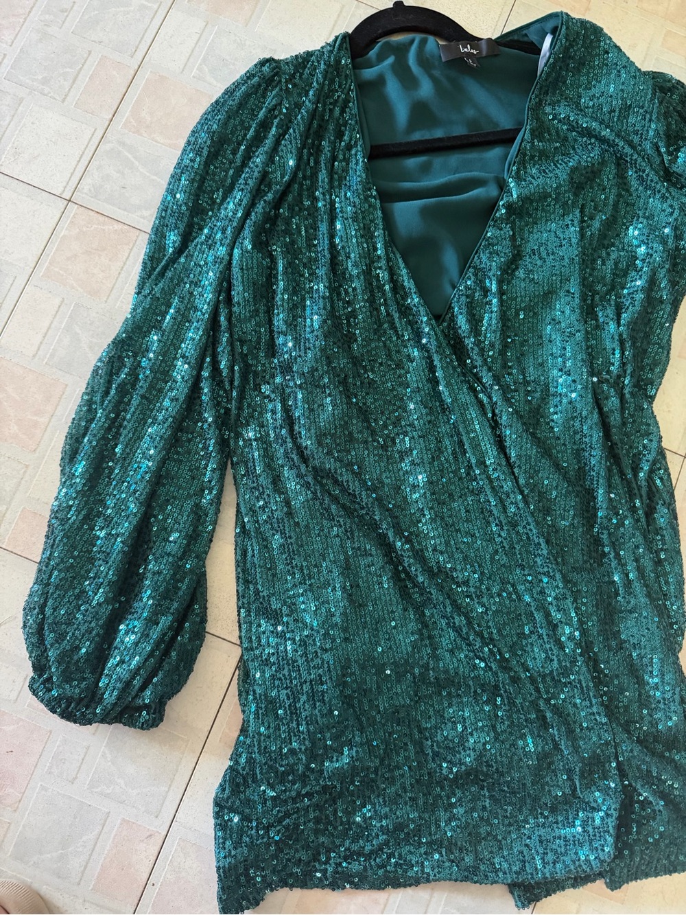 Lulu's Emerald Green Sequin Wrap Mini Dress - Womens Size Large